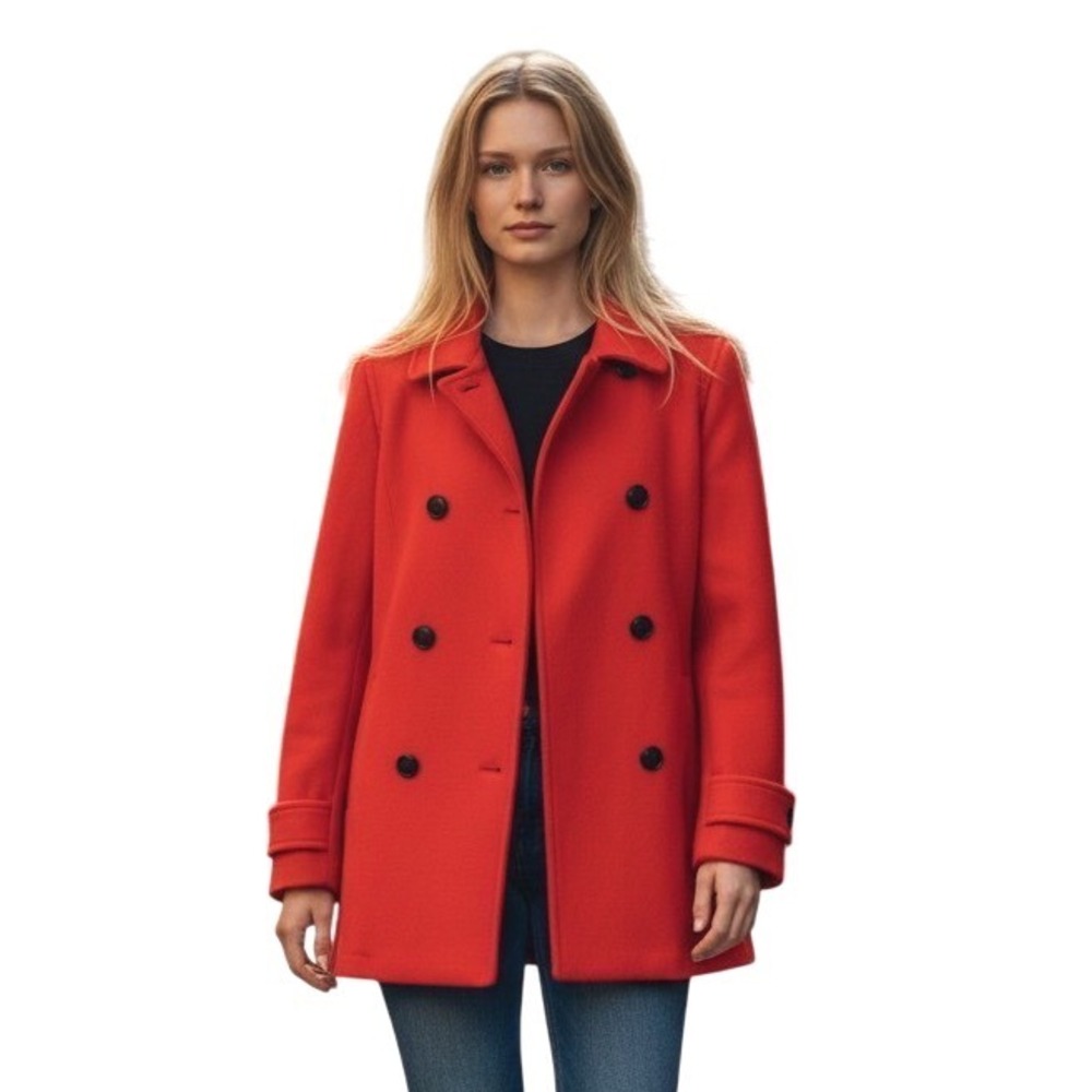 LL L.L BEAN Red Fleece PEACOAT JACKET COAT Double Breasted DARK BUTTONS sz S-R